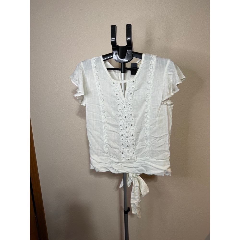 Marisol White Lace Pearl Rhinestone Flutter Sleeve Tie Back Blouse Top Large